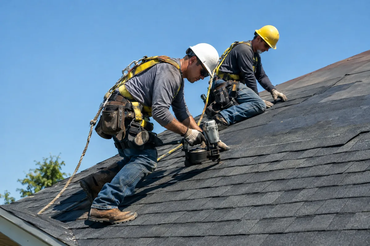 Illustrative image of a roofing crew installing asphalt shingles