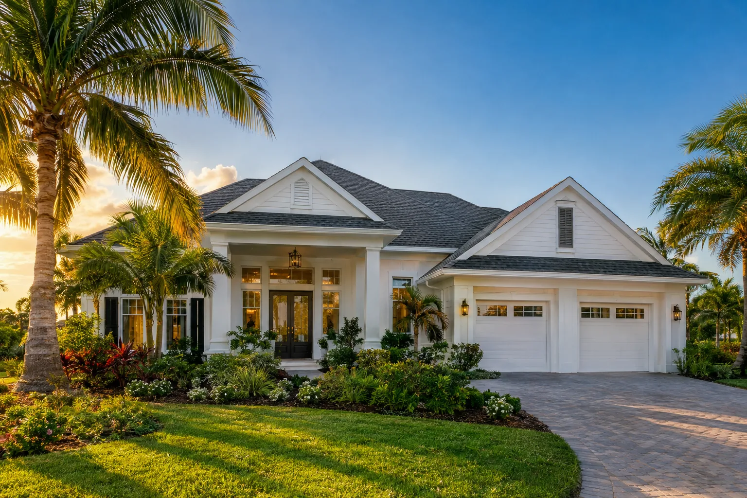 A white Gulf Coast style home with a dark shingle roof