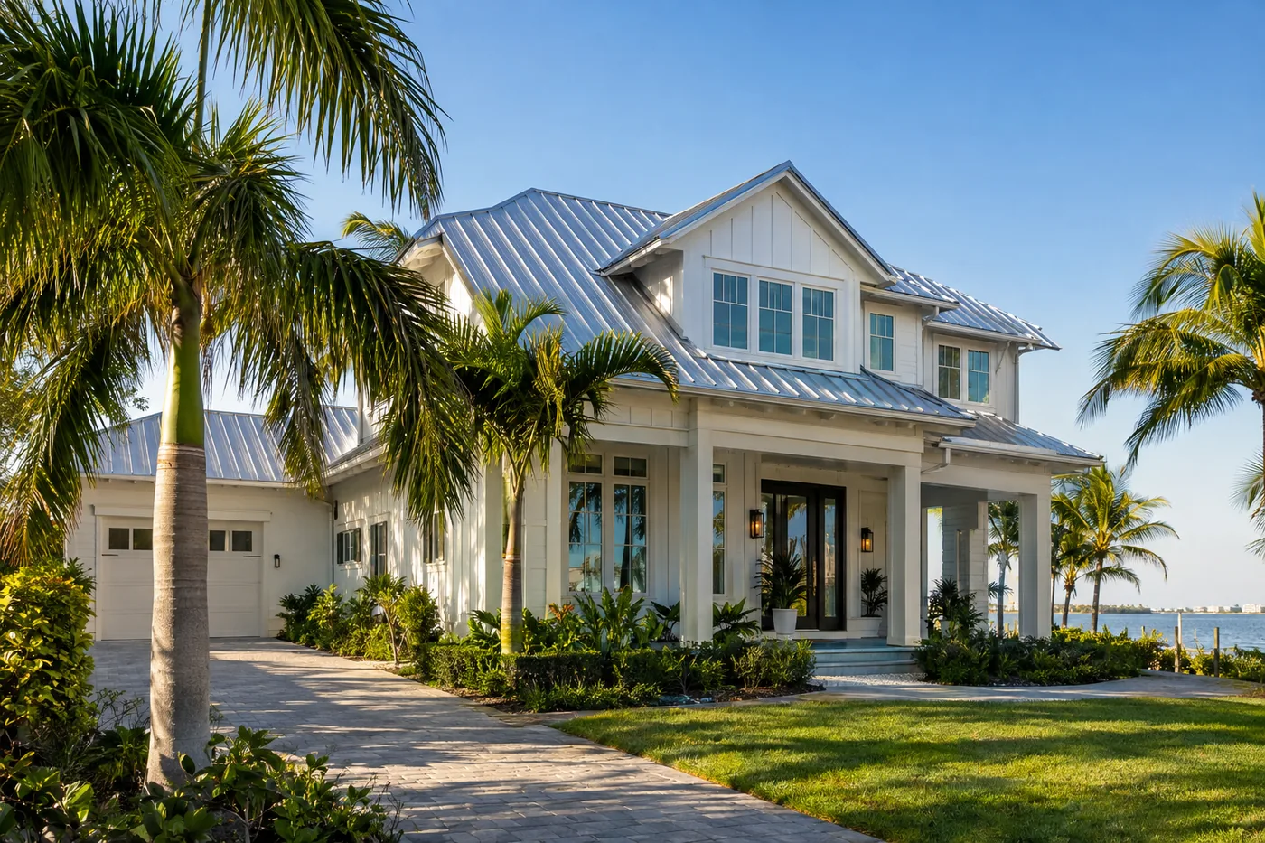 Illustrative image of a coastal home with a standing-seam metal roof